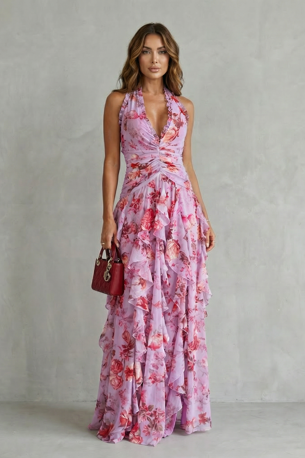 Halter V-Neck Floral Ruched Cascading Ruffle Maxi Gown 3