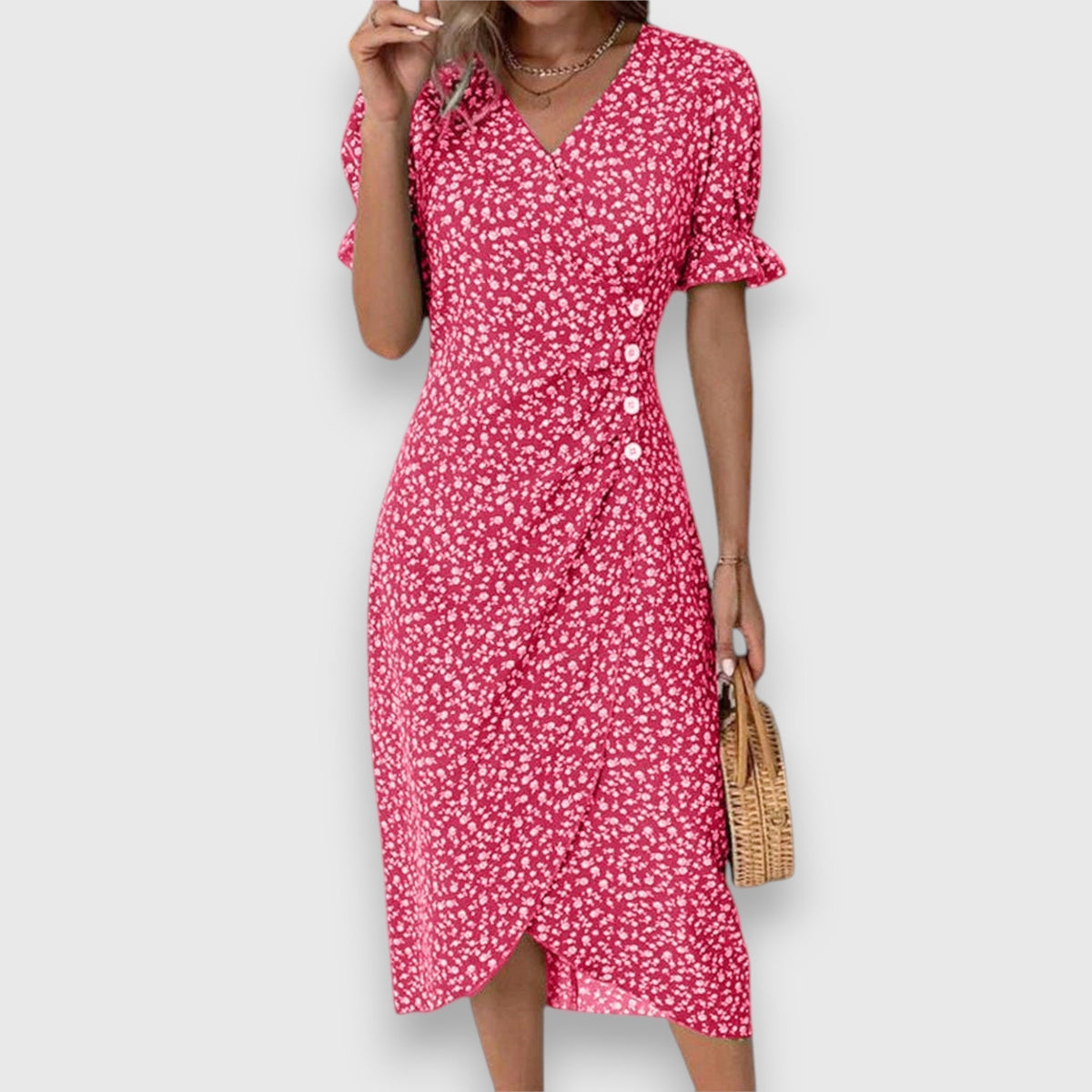 V-Neck Ditsy Floral Ruffle Sleeve Button Front Slit Midi Dress