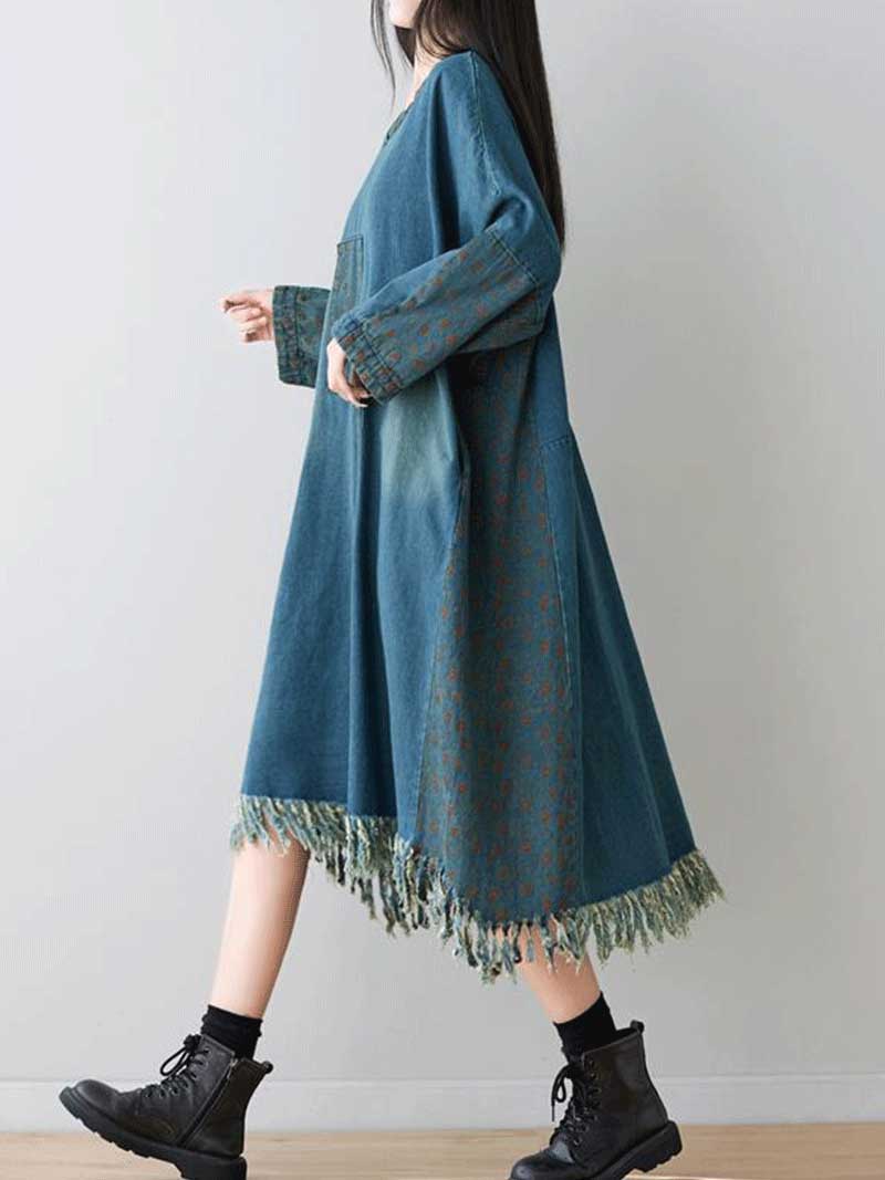 V-Neck Patch Pocket Denim Long Sleeve Frayed Tassel Hem Midi Dress 5