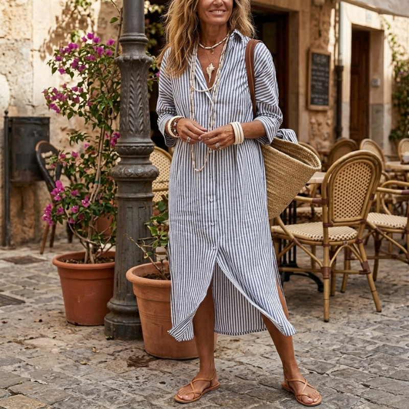 Collared Striped Button-Front Long Sleeve Shirt Maxi Dress 7