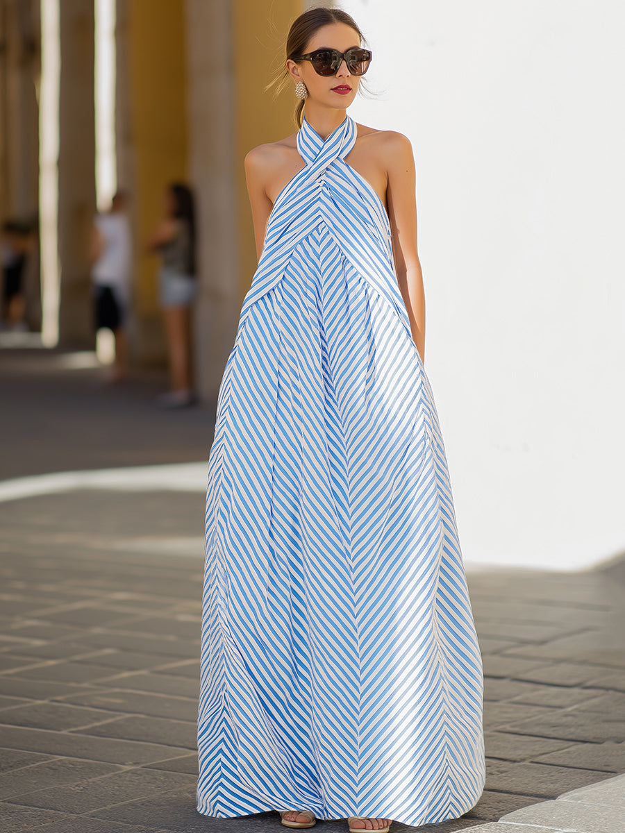 Cross Halter Neck Chevron Stripe Flowy A-Line Maxi Dress 7