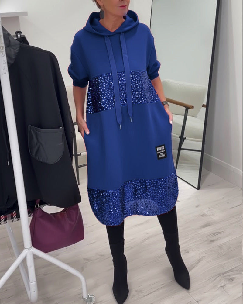 Hooded Drawstring Sequin Patchwork Panel Pocket Sweatshirt Midi Dress