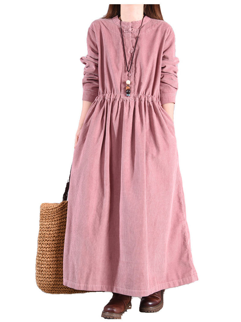 Stand Collar Button Placket Corduroy Long Sleeve Pleated Maxi Dress 2