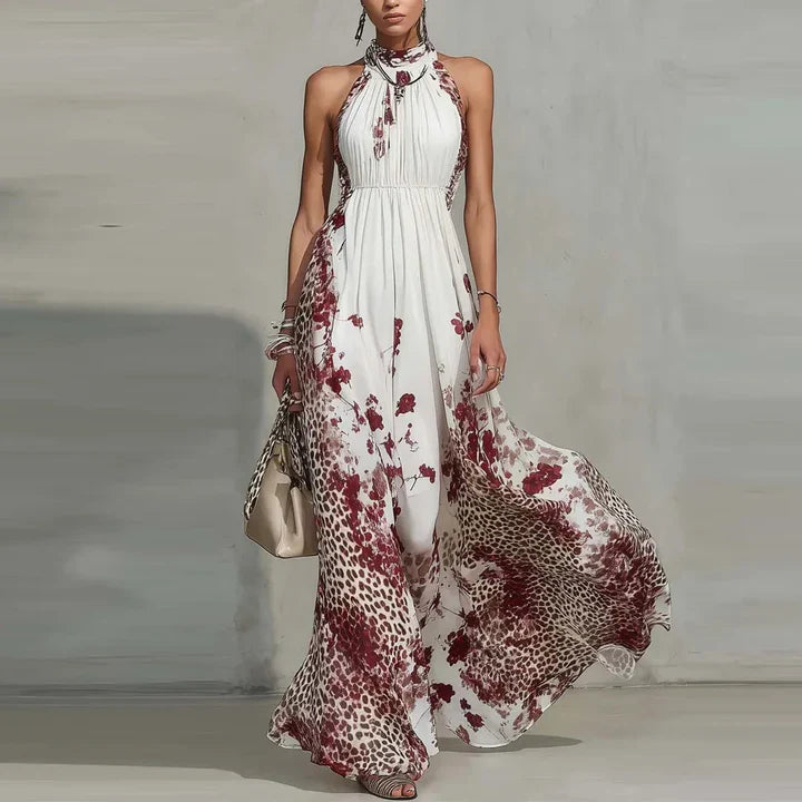 White Halter Neck Floral Leopard Print Sleeveless Pleated Maxi Dress 2