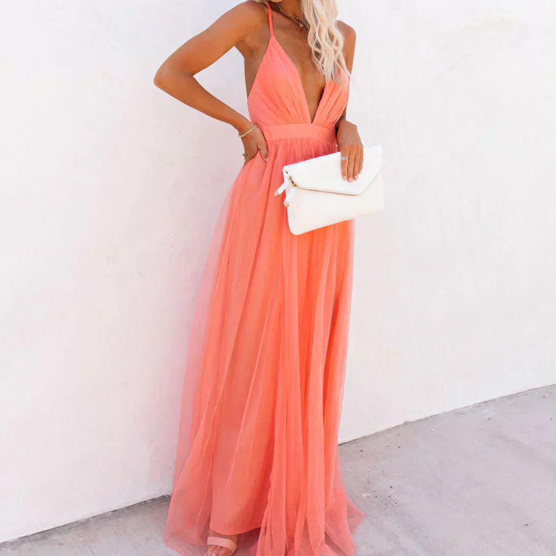 Spaghetti Strap Plunge V-Neck Tulle Pleated A-Line Maxi Gown 4