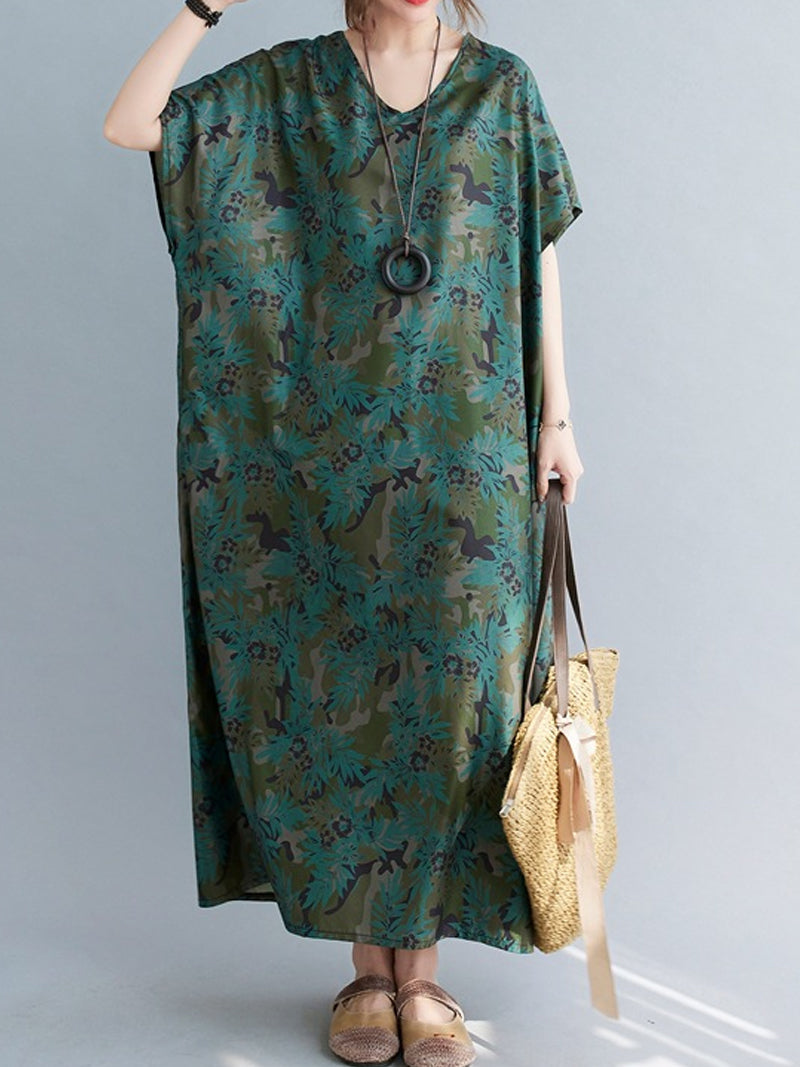 Green V-Neck Batwing Sleeve Floral Print Loose Kaftan Maxi Dress