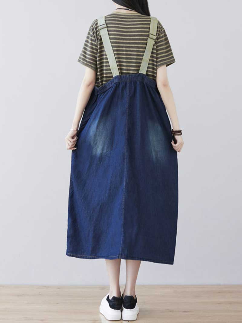 Dark Blue Adjustable Strap Washed Denim Pocket Overall Midi Dress