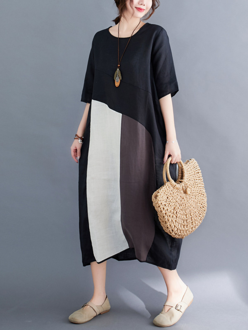 Round Neck Half Sleeve Colorblock Panel Loose Midi Dress 2