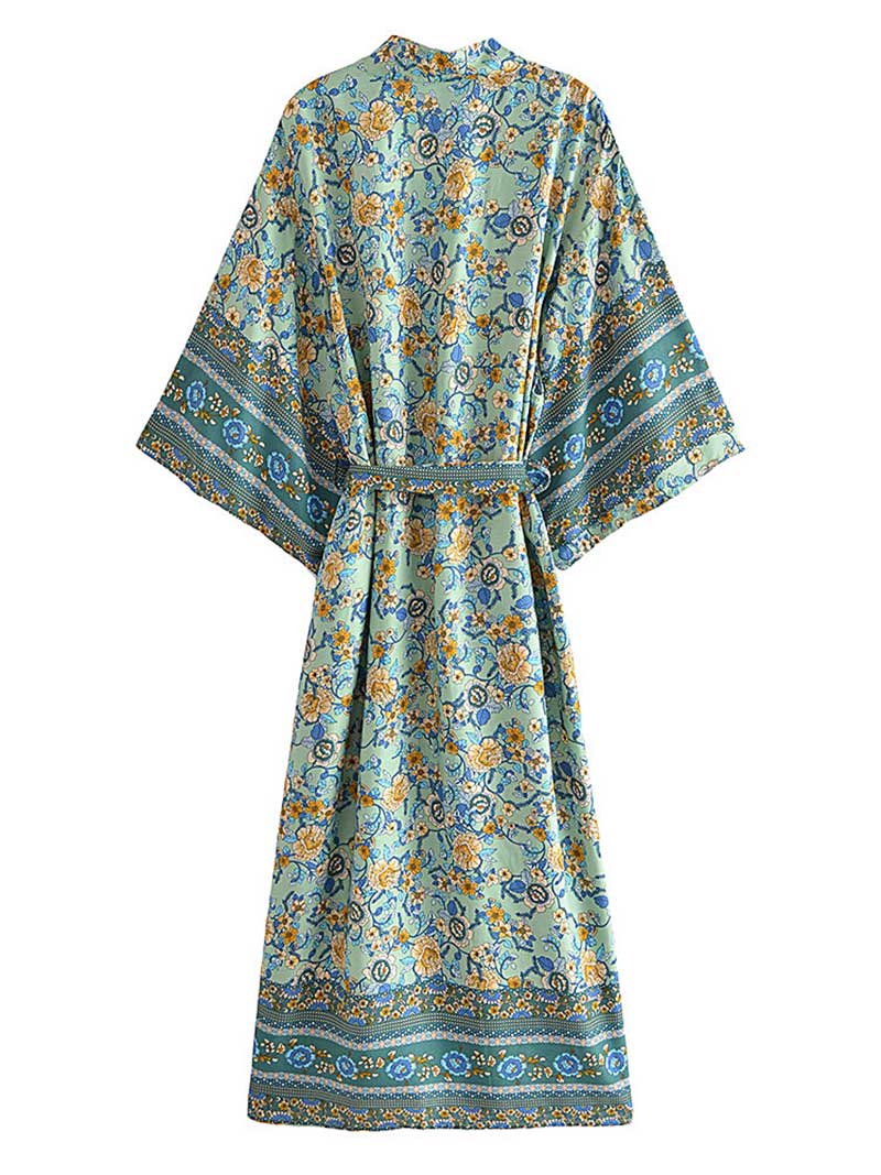 Green Tie Waist Boho Floral Print Long Kimono Robe 2