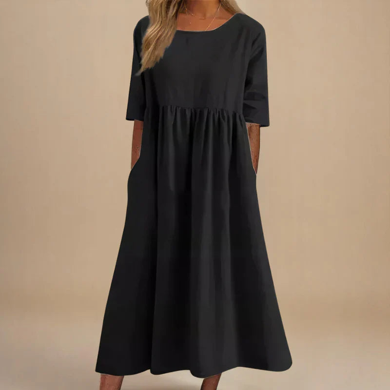 Round Neck Linen Half Sleeve Pocket Pleated A-Line Midi Dress