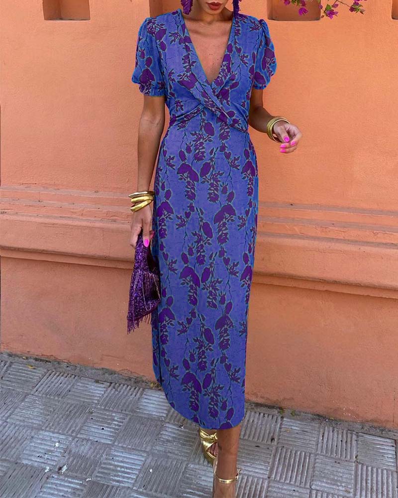 Deep V-Neck Twist Front Floral Print Puff Sleeve Bodycon Midi Dress