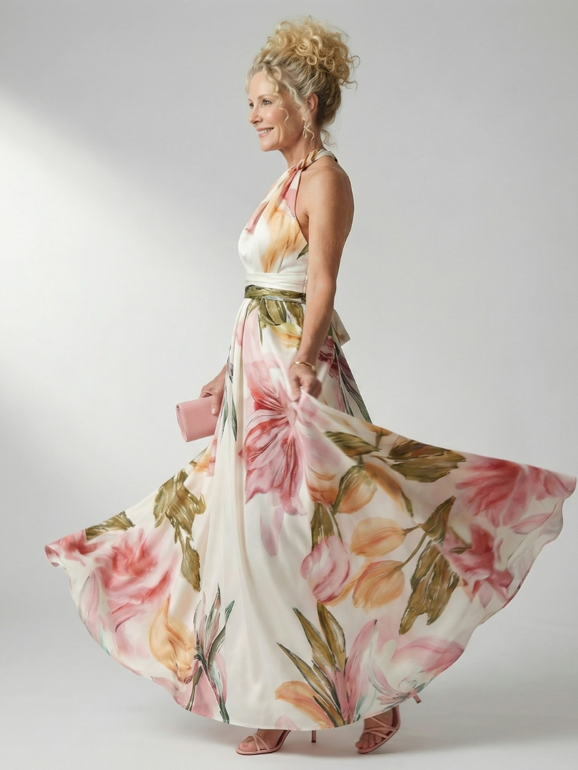 Halter Neck Twist Floral Print Satin A-Line Gown 2