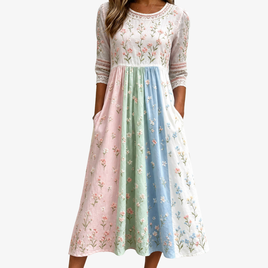 Round Neck Lace Trim Floral Colorblock Three-Quarter Sleeve Midi Dress