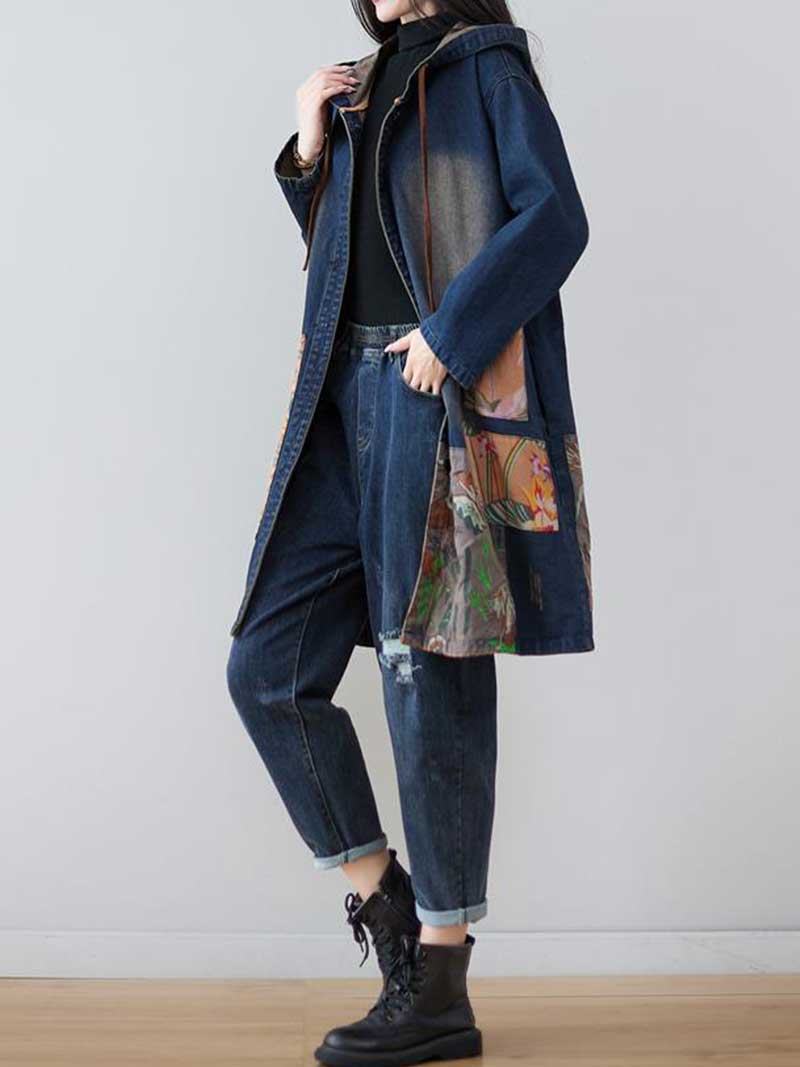 Navy Blue Hooded Patchwork Pocket Longline Denim Jacket 3