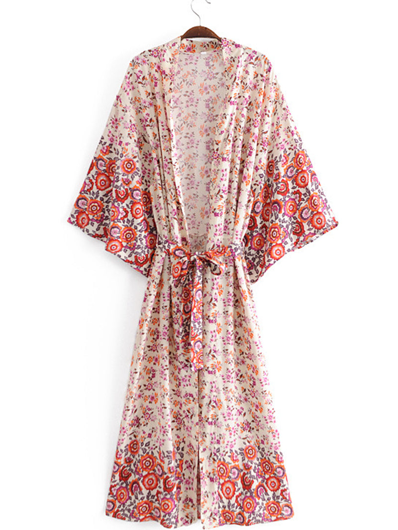 Red Ditsy Floral Border Print Tie Waist Long Kimono 3