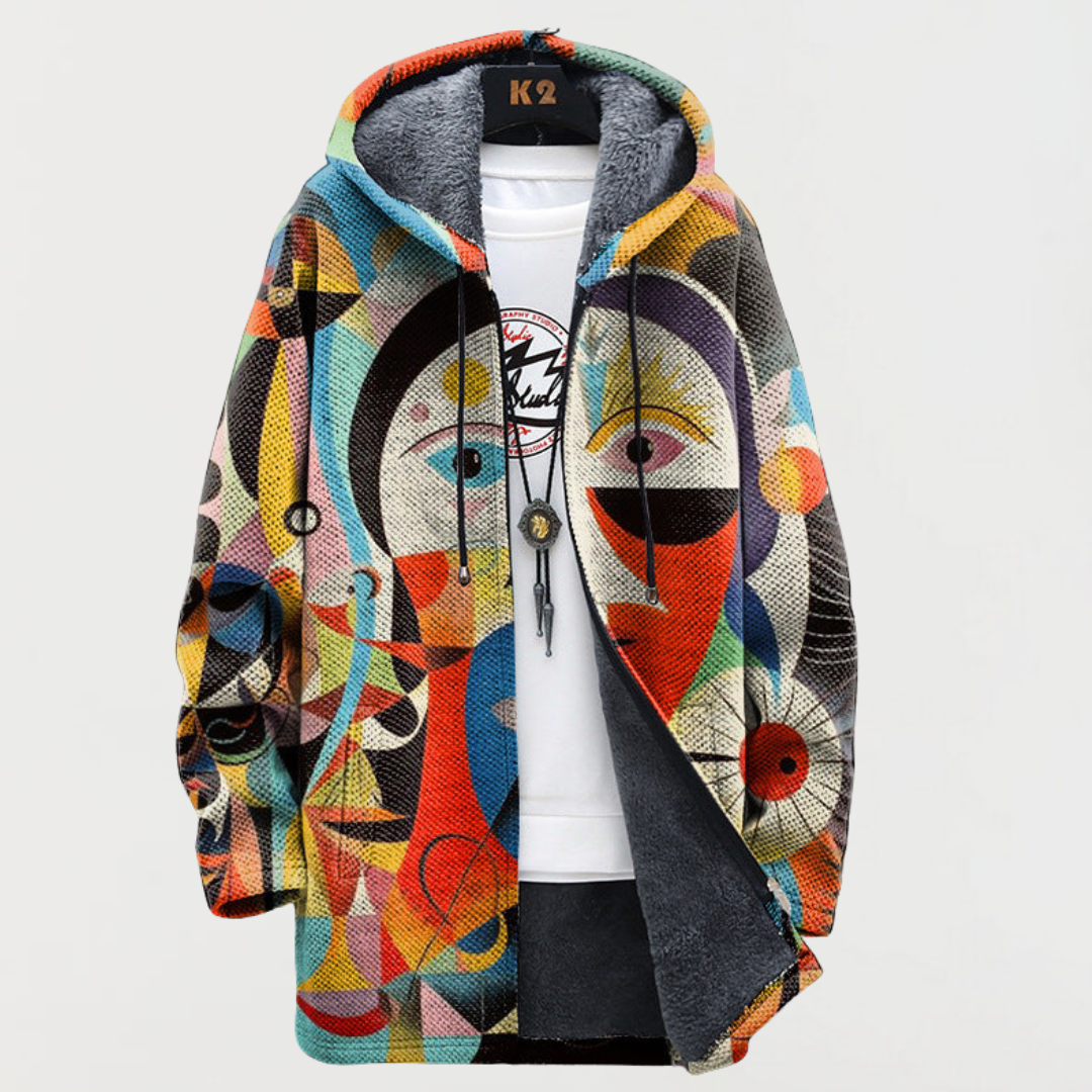 Hooded Abstract Print Zip-Front Fleece Coat 3