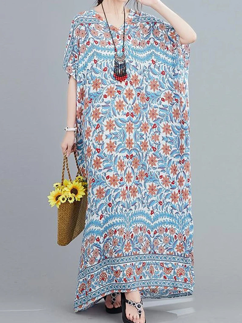V-Neck Floral Print Batwing Sleeve Loose Kaftan Maxi Dress