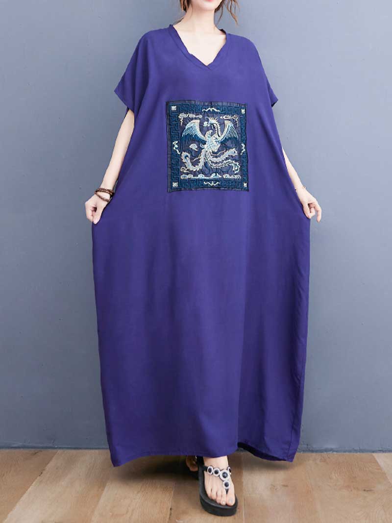 Navy Blue V-Neck Embroidered Phoenix Patch Short Sleeve Loose Kaftan Maxi Dress