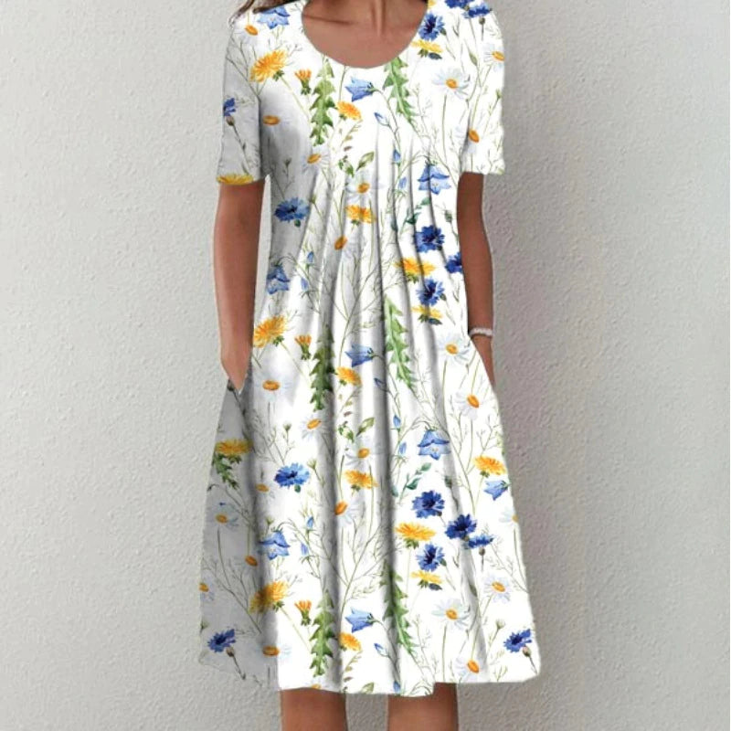 Round Neck Wildflower Print Short Sleeve Pleated Pocket Midi Dress 2