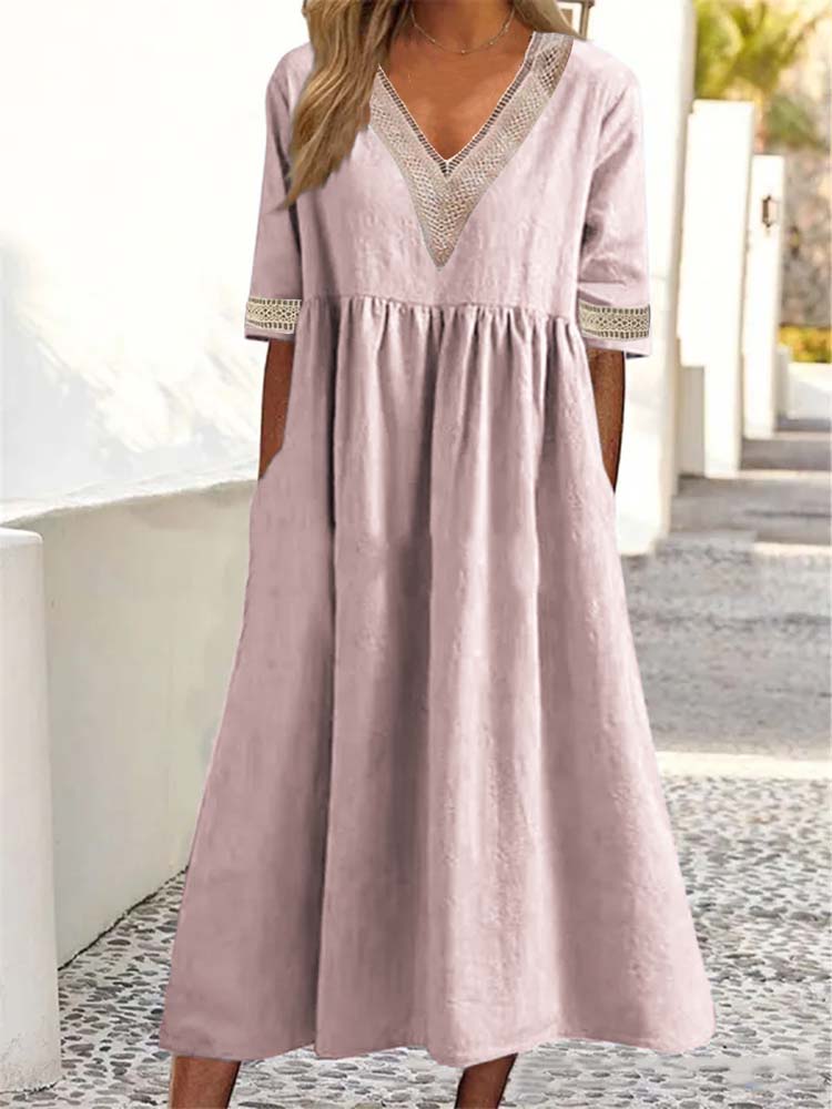 Relaxed V-Neck Chambray Side Pocket Midi Dress