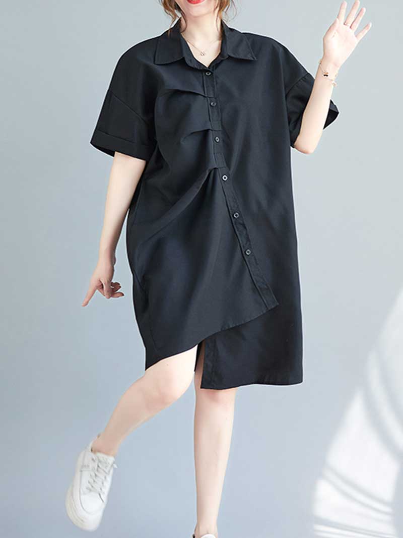 Pointed Collar Button Down Short Sleeve Irregular Hem Shirt Dress 5