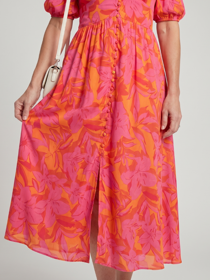 Multicolor V-Neck Puff Sleeve Floral Print Button Front A-Line Midi Dress 3