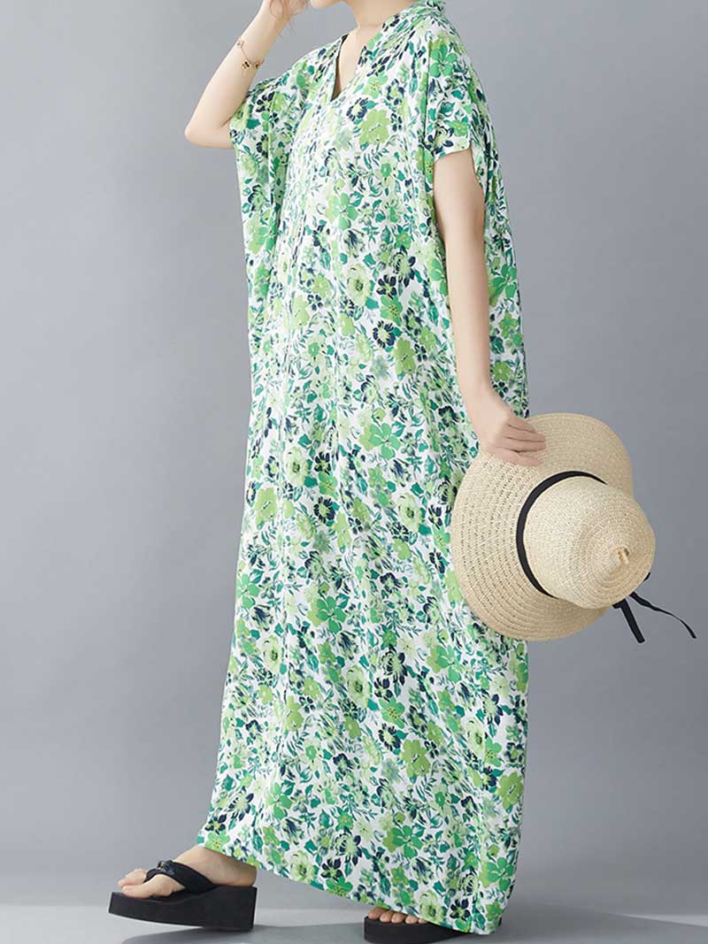 Multicolor V-Neck Floral Print Short Sleeve Loose Kaftan Maxi Dress