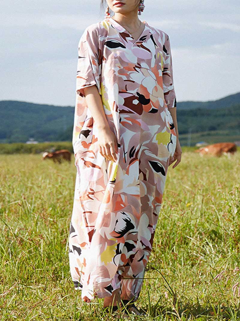 Multicolor V-Neck Half Sleeve Abstract Floral Print Kaftan Maxi Dress