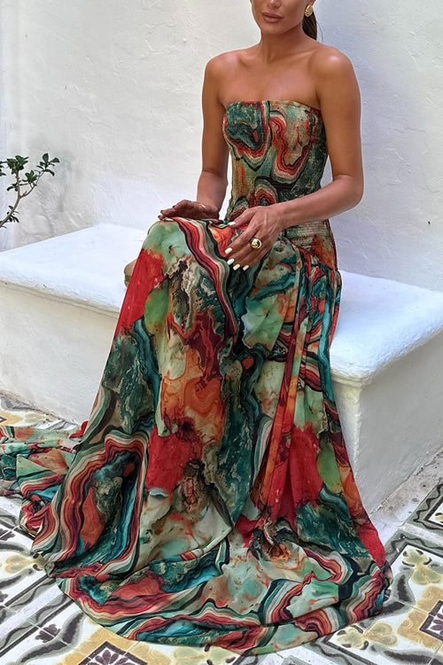 Print Strapless Abstract Marble Print Dropped Waist Flowy A-Line Maxi Dress