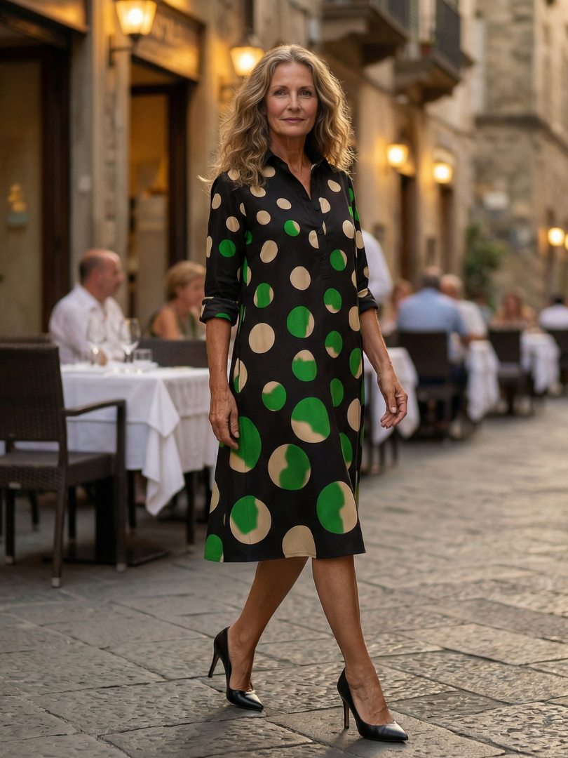 Black Collared Half Placket Polka Dot Three-Quarter Sleeve Shirt Midi Dress