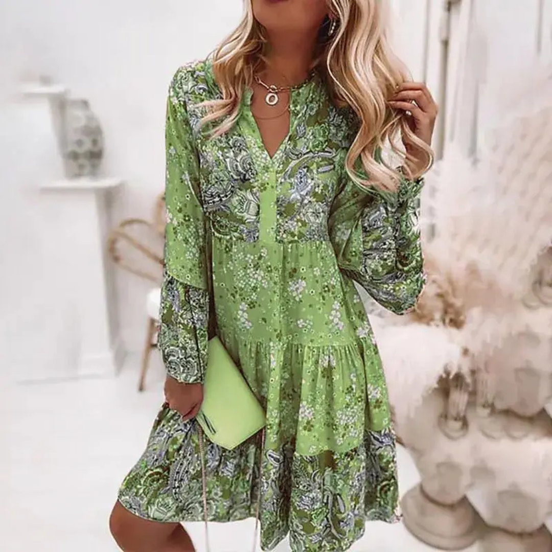 V-Neck Floral Boho Long Sleeve Tiered Ruffle Mini Dress