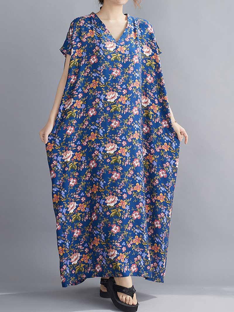 Multicolor V-Neck Short Sleeve Floral Print Cocoon Kaftan Maxi Dress