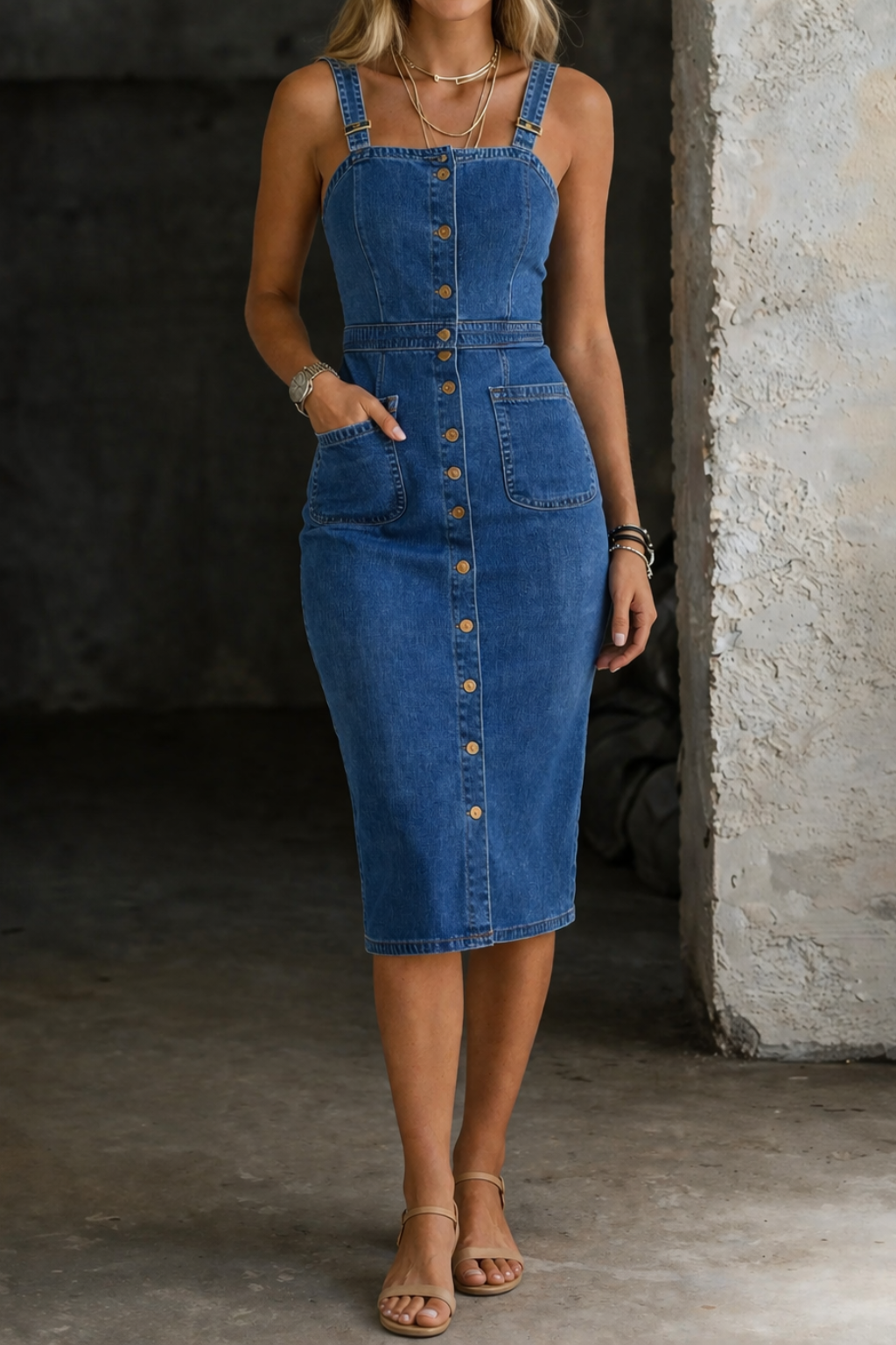 Blue Square Neck Denim Button Front Patch Pocket Bodycon Midi Dress