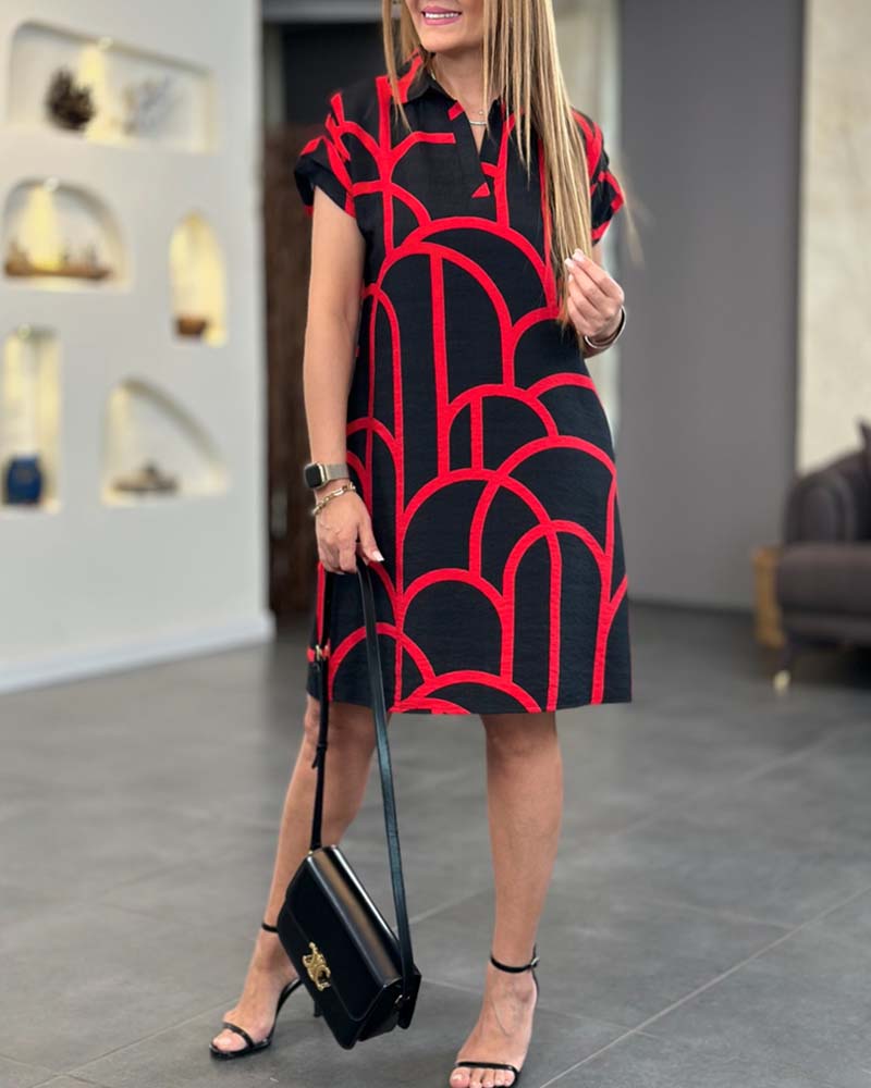 Collared Short Sleeve Geometric Print Shift Midi Dress 6