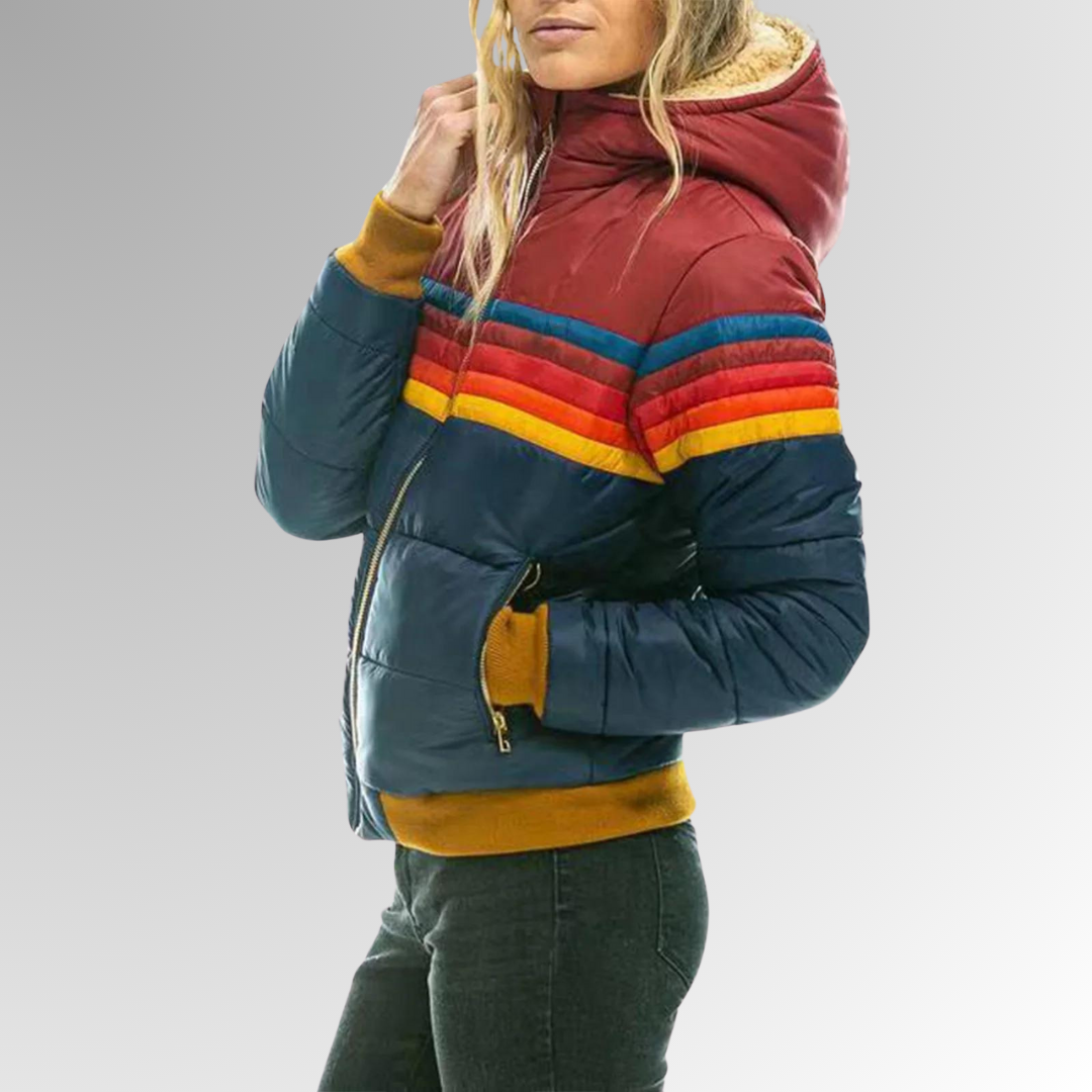 Hooded Zip-Up Colorblock Striped Puffer Jacket 10