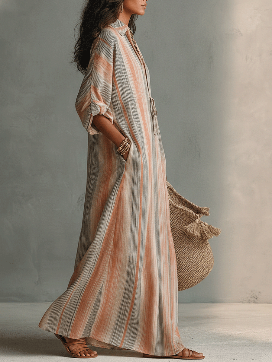 Pink Collar Striped Drawstring Waist Kaftan Maxi Dress 2