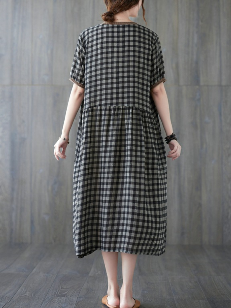 Black V-Neck Gingham Check Short Sleeve Smock Loose A-Line Midi Dress 2
