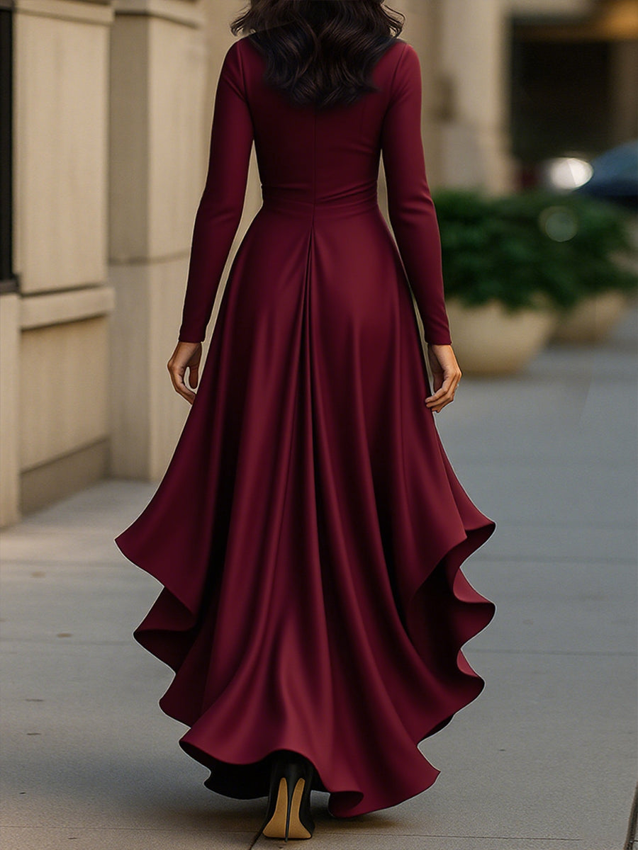 V-Neck Wrap Satin Long Sleeve Ruffle Draped Maxi Dress 8