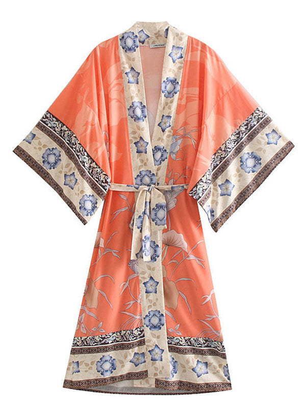 Orange Floral Border Print Belted Mid Length Kimono Robe