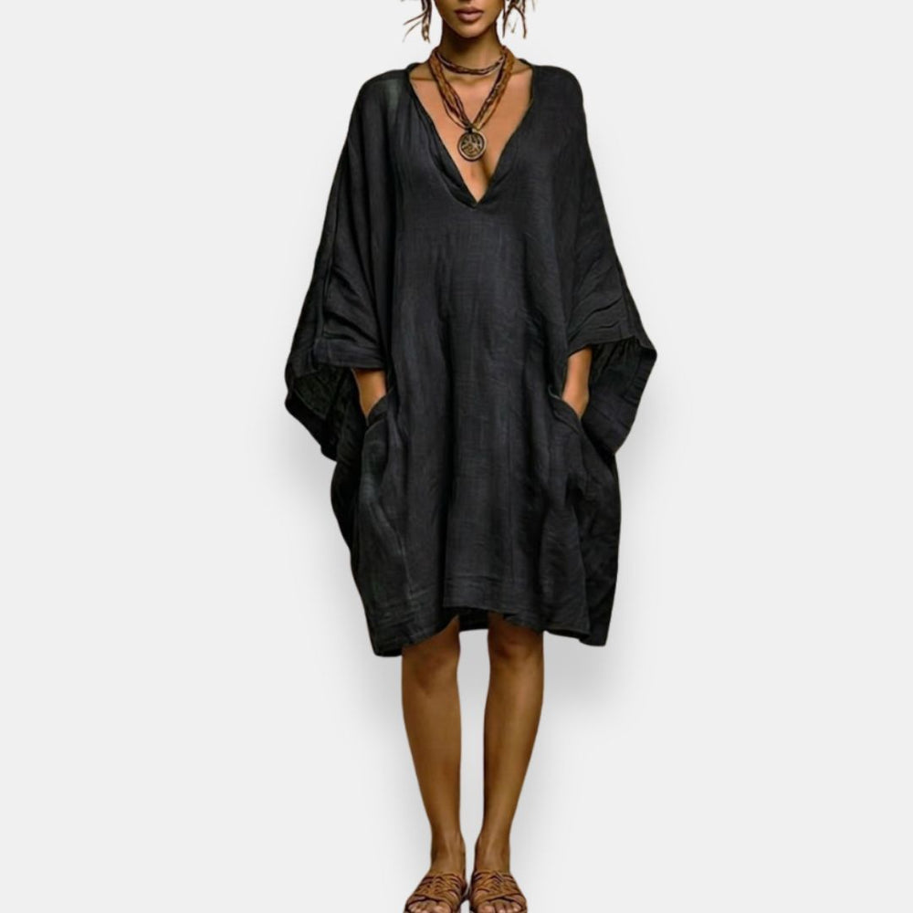 V-Neck Batwing Sleeve Linen Oversized Pocket Midi Dress 2