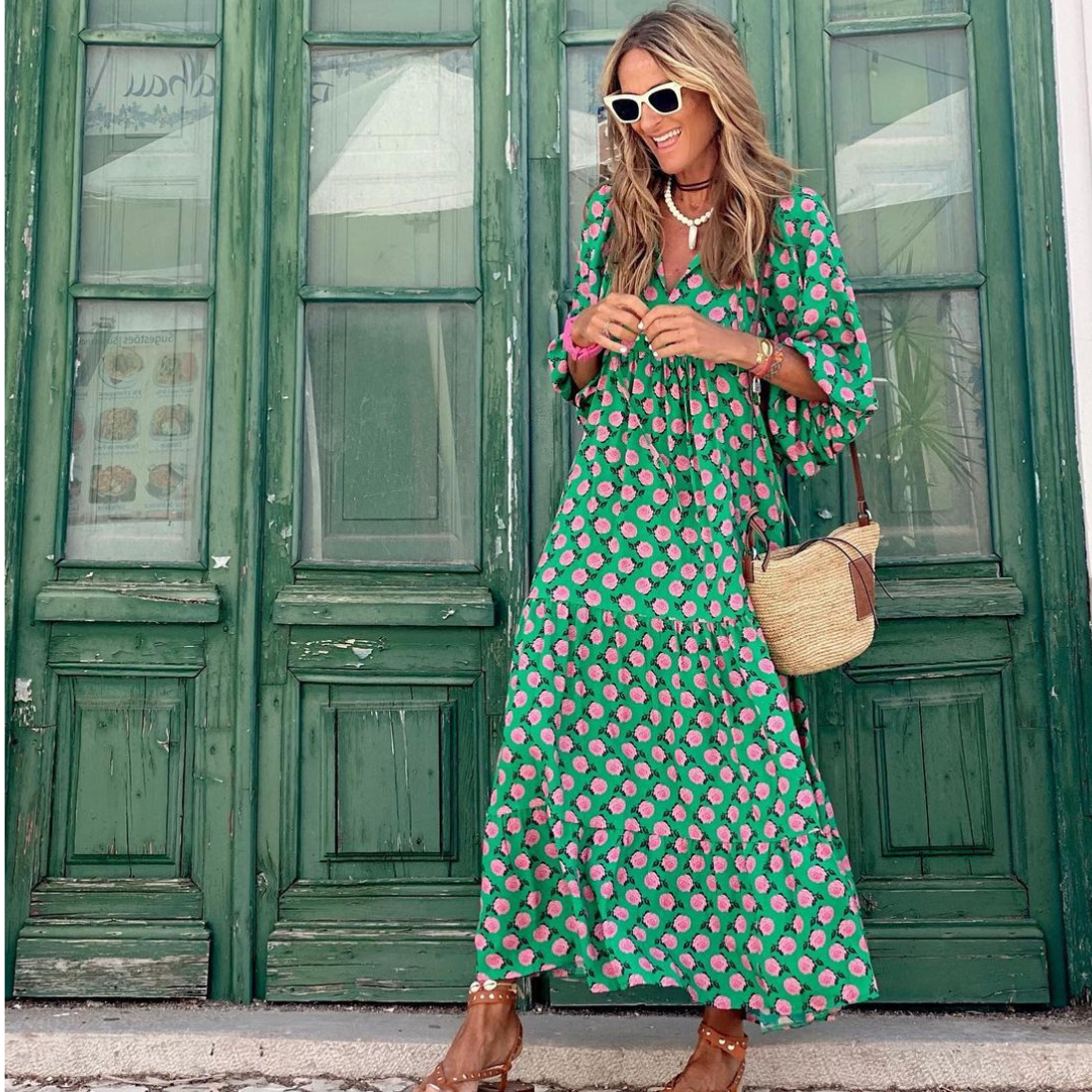Tie Neck Polka Dot Print Long Sleeve Tiered Flowy Maxi Dress