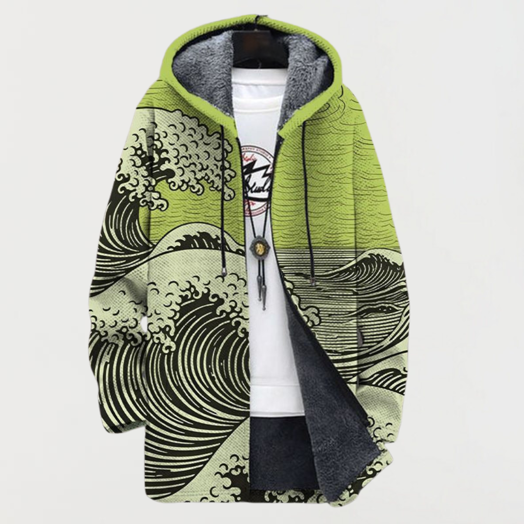Hooded Wave Print Fleece-Lined Zip Front Coat 4