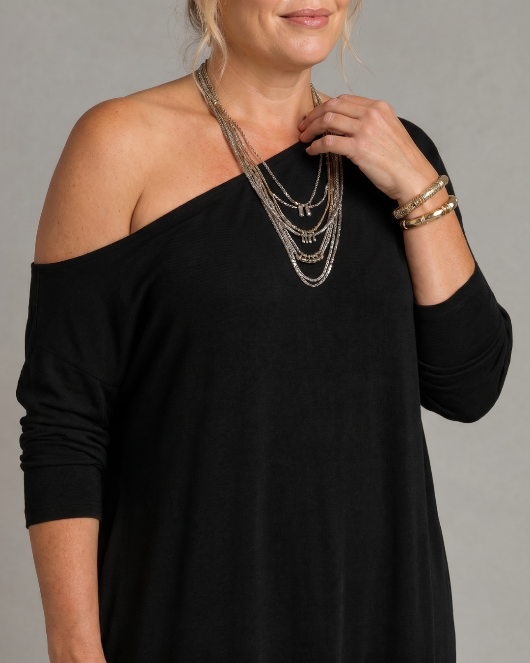 One-Shoulder Long Sleeve Jersey High Slit Relaxed Maxi Dress