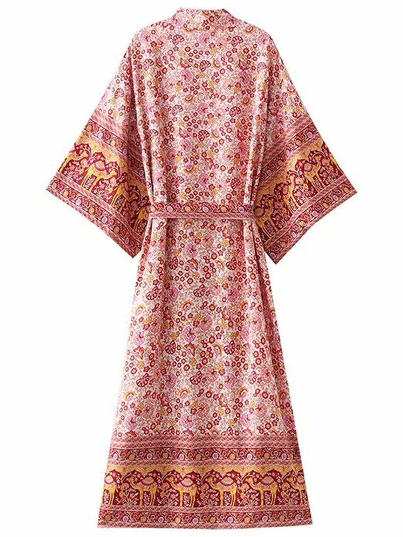 Pink Bohemian Floral Elephant Border Belted Long Kimono Robe 2