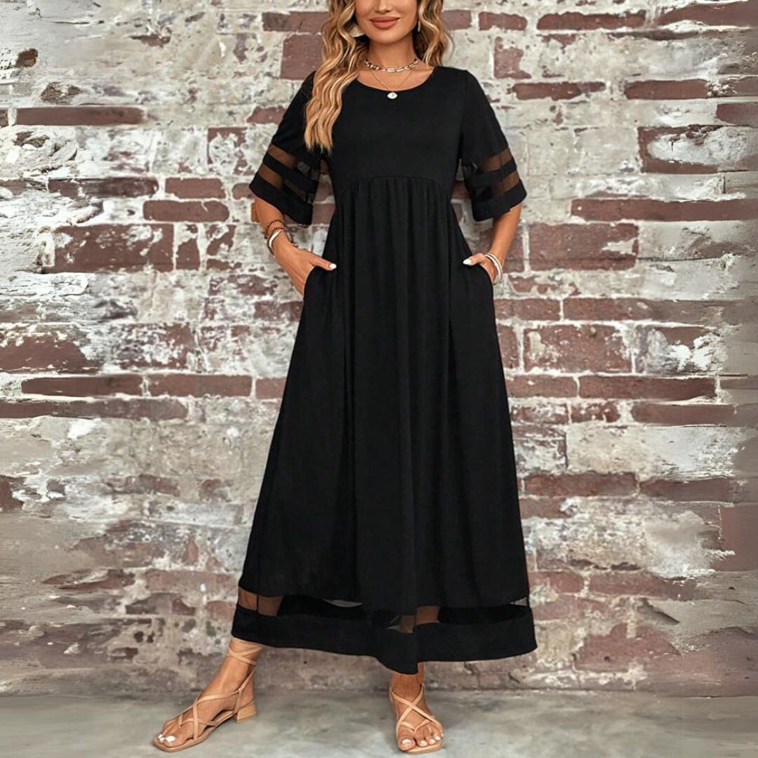 Round Neck Mesh Panel Sleeve Empire Waist Pocket A-Line Maxi Dress