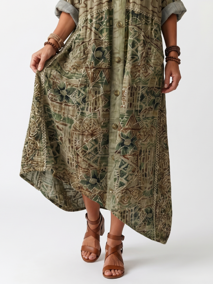 Green V-Neck Button Front Contrast Panel Embroidered Pocket Maxi Dress 3