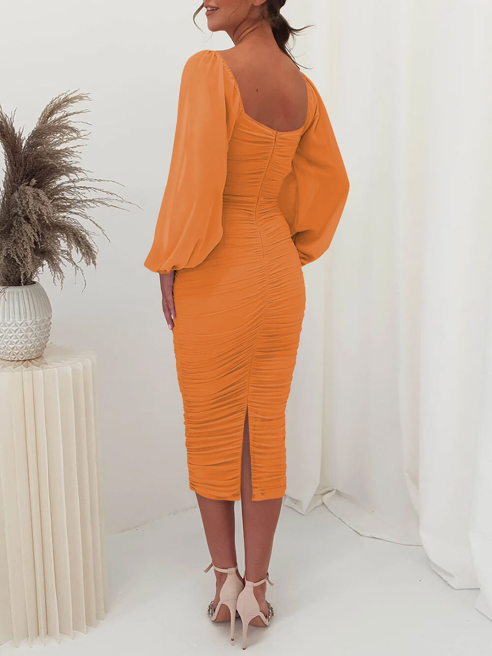 Mesh Pleated Long Sleeve Midi Dress