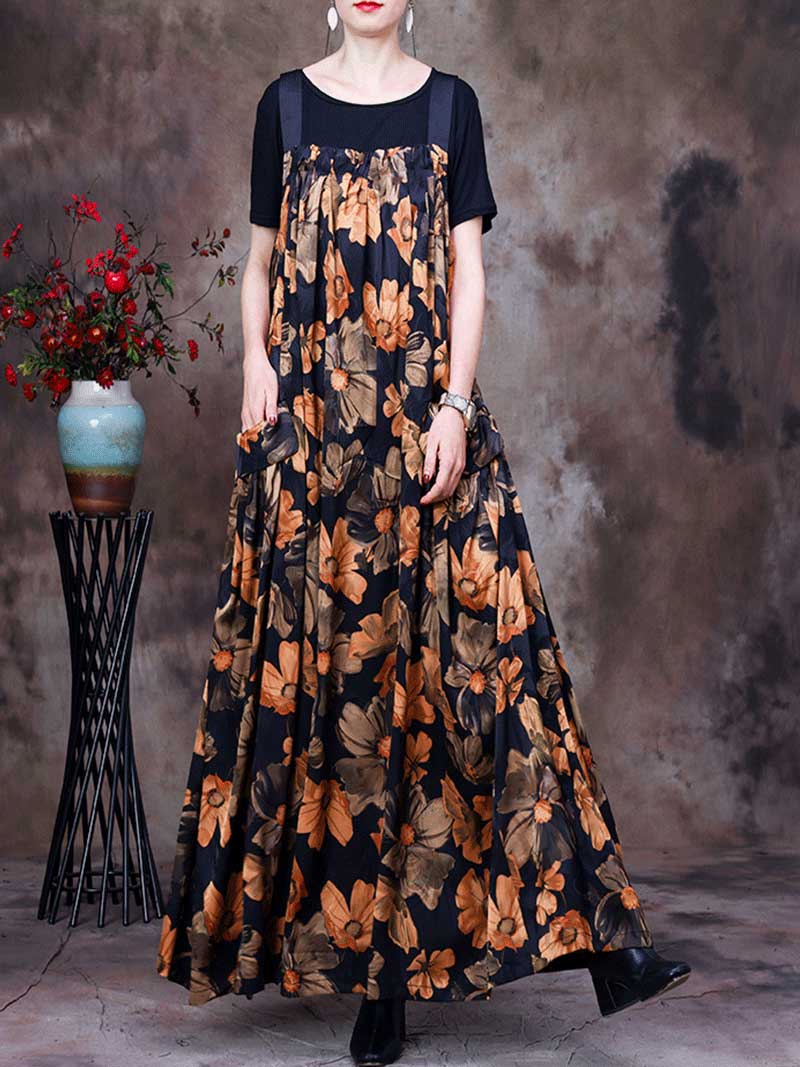 Always Glowing Printed Pleated Pocket Maxi Salopette Dress