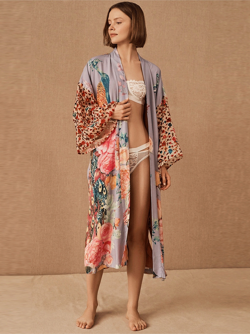 Multicolor Peacock Floral Print Wide Sleeve Open Front Long Kimono 3