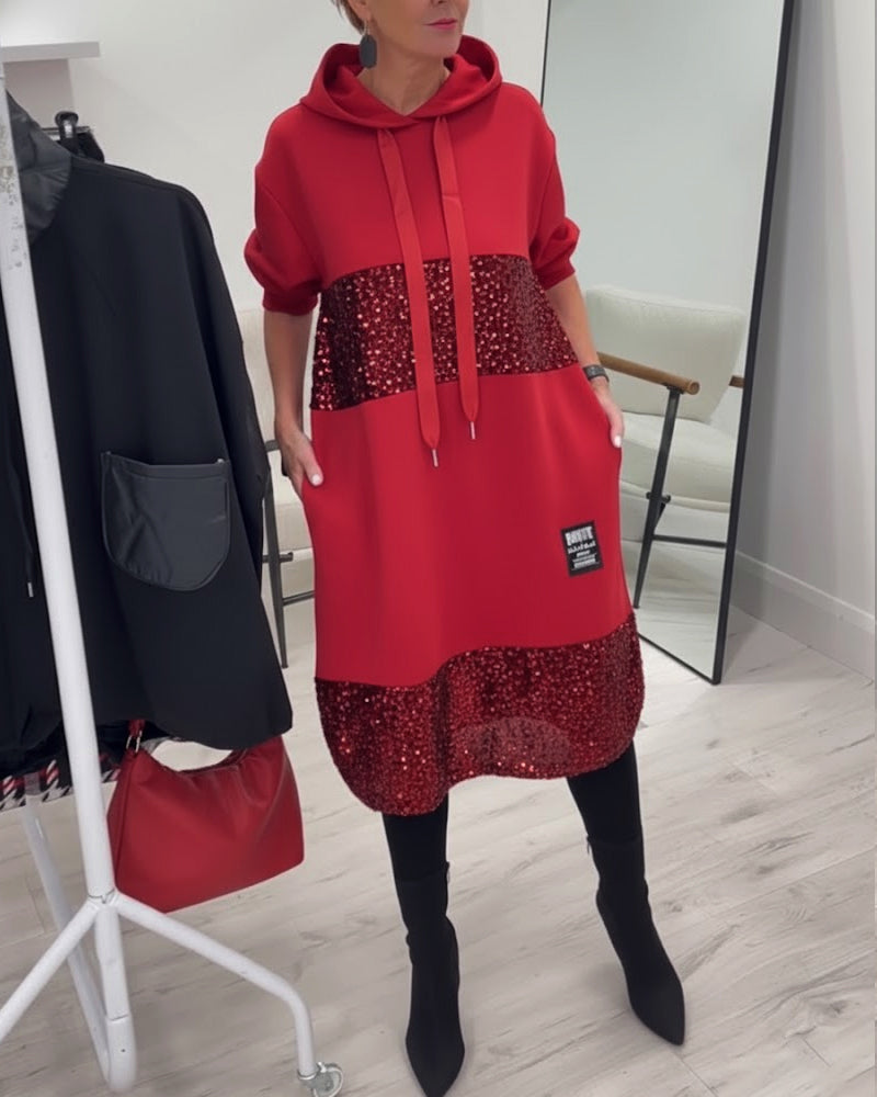 Hooded Drawstring Sequin Patchwork Panel Pocket Sweatshirt Midi Dress